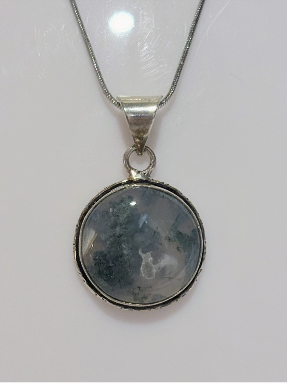 Sterling Silver Round Grey-Blue Stone Pendant Necklace - 18” - Picture 2 of 4